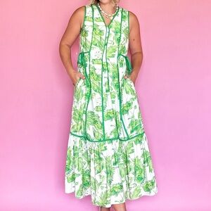 Entro White and Green Floral Midi Dress